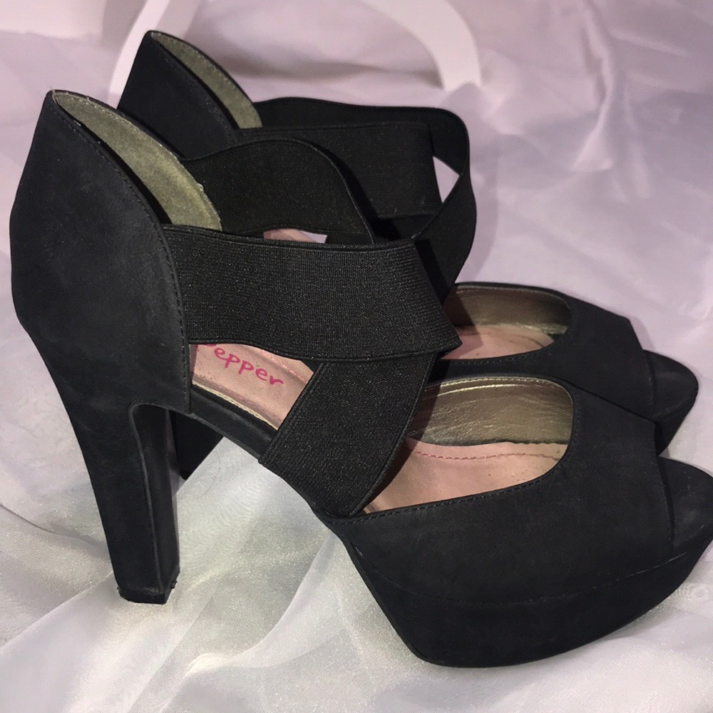 Pink & Pepper Black Suede Platform Peep Toe Heel